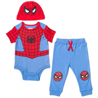 Image of Marvel Avengers Spider-Man Infant Baby Boys Bodysuit Pants and Hat 3 Piece Outfit Set 18 Months