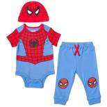 Marvel Avengers Spider-Man Baby Bodysuit Pants and Hat 3 Piece Outfit Set Newborn to Infant 