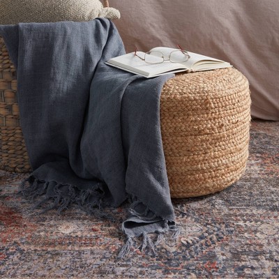 Natural Jute Braided Round Pouf Ottoman, Beige - 18"x12"