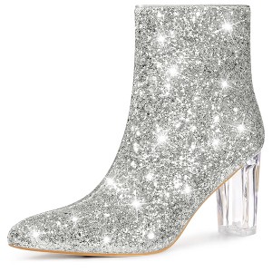 Perphy Women's Sparkly Glitter Upper Side Zipper Clear Block Heel Ankle Booties - 1 of 4