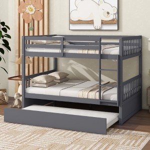 Gulches Full Over Full Rubber Wood Bunk Bed with Trundle, Ladder and Guardrails, Convertible to 2 Full Size Beds, with Twin Size Trundle ,Dark Grey - 1 of 4