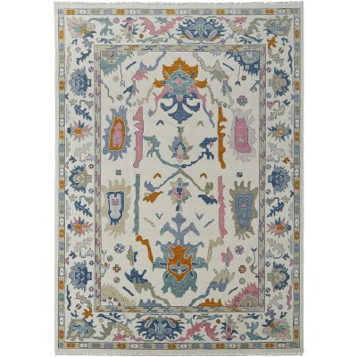 Blue Ivory and Pink Wool Floral Hand Knotted Area Rug With Fringe