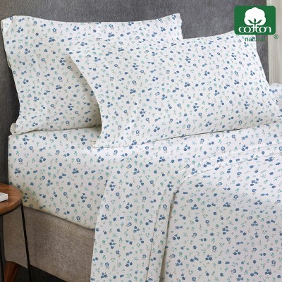 California King Blue Floral Cotton Sheet Set