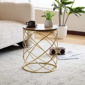 Modern Gold Wire Frame Side Table with Wooden Top - Elegant Decorative Accent Furniture - 1 of 4
