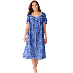 Only Necessities Women's Plus Size Short Silky Lace-Trim Gown - 1 of 4