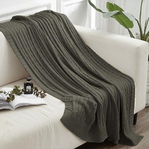 Cotton Cable Knit Twin Blanket, Super Soft Warm Knitted Blanket, 60x80 Inches, Gray - NTBAY - 1 of 4