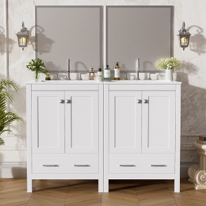 Vynxaria 48-Inch White Bathroom Vanity - Dual Undermount Ceramic Sinks, 4 Soft-Close Doors, 2 Divided Drawers, Double-Layer Shelves - 1 of 4