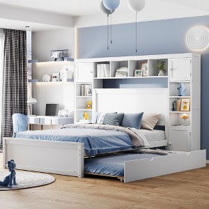 Full Size Wooden Bed with All-in-One Cabinet and Twin Size Trundle - 1 of 4