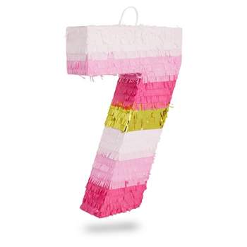 Blue Panda Small Pink and Gold Foil Number 7 Pinata for Kids 7th Birthday Party Decorations, 11.7x10 In