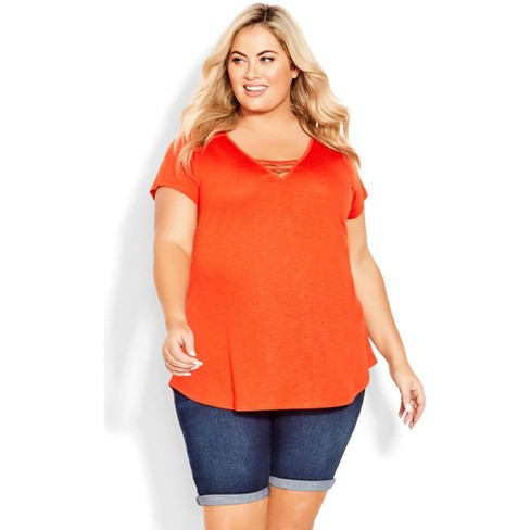 AVENUE | Women's Plus Size 3 Bar V-Neck Top - orange - 14W
