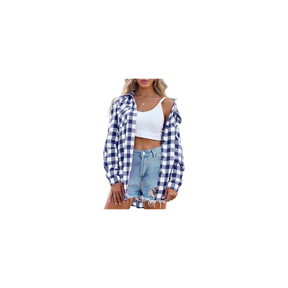 Zeagoo Women's Plaid Shirt Flannel Shirt Roll Up Sleeve Top Casual Button Down Blouse