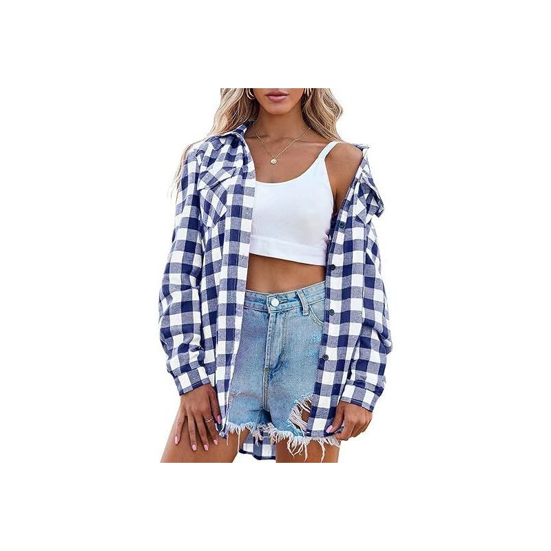 Zeagoo Women's Plaid Shirt Flannel Shirt Roll Up Sleeve Top Casual Button Down Blouse-Deep Blue-Small