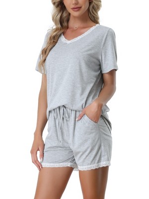 cheibear Women's Sleepwear Pajama Set Nightwear Round Neck Loungewear with  Capri Pants Gray Medium