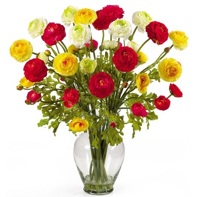Yellow Silk Ranunculus Flower Arrangement in Glass Vase