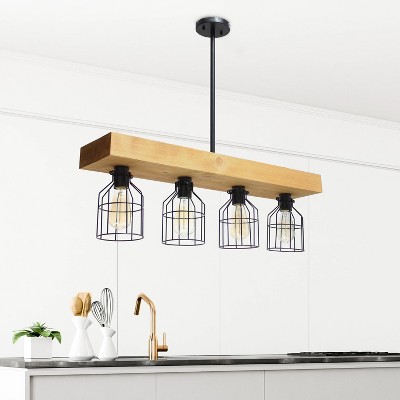 Rustic 4-Light Wooden Beam Farmhouse Pendant in Light Wood