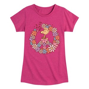 Girls' - Peanuts - Floral Peace Sign Woodstock Fitted Short Sleeve Graphic T-Shirt - 1 of 4