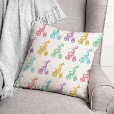 Pastel Bunnies on Bikes Pattern 18" Square Polyester Throw Pillow
