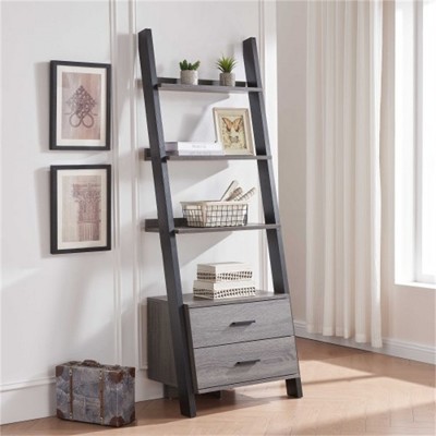 YONWAY Two Drawer Ladder Bookcase, Bookshelf with Metal Bar Handles Distressed Grey and Black Two Tone Color for Living Room, Home, Office
