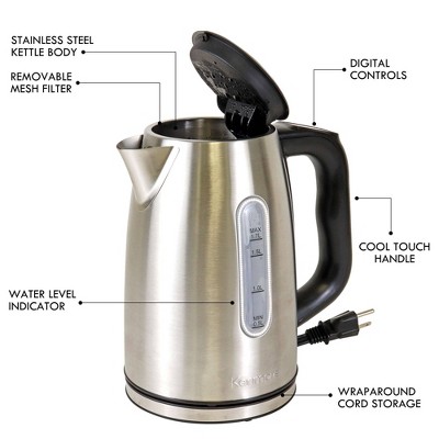 Kenmore 1.7L Stainless Steel Cordless Electric Kettle with Digital Controls