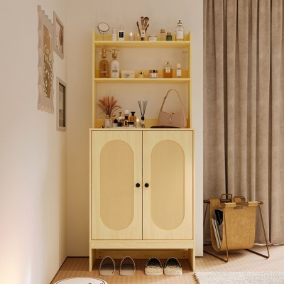 FUFU&GAGA Scandinavian - Style Storage Cabinet with Open Shelves and Woven Door Panels for Bedroom and Living Room