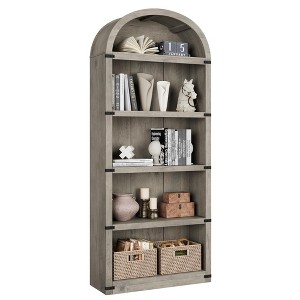 Bookshelf, 5 Shelf Arched Bookcase - 71.65in Tall Wooden Bookshelf, Farmhouse Display Rack for Home Office/Living Room (Rustic Gray) - 1 of 4
