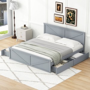 King/Queen Size Platform Bed with Four Storage Drawers and Support Legs, White/Gray-ModernLuxe - 1 of 4