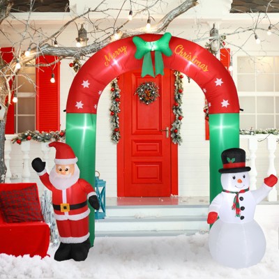 Angel Sar 8FT Inflatable Christmas Arch with Santa & Snowman, 7-Light LED Festive Archway, Outdoor Indoor Blow Up Yard Decoration
