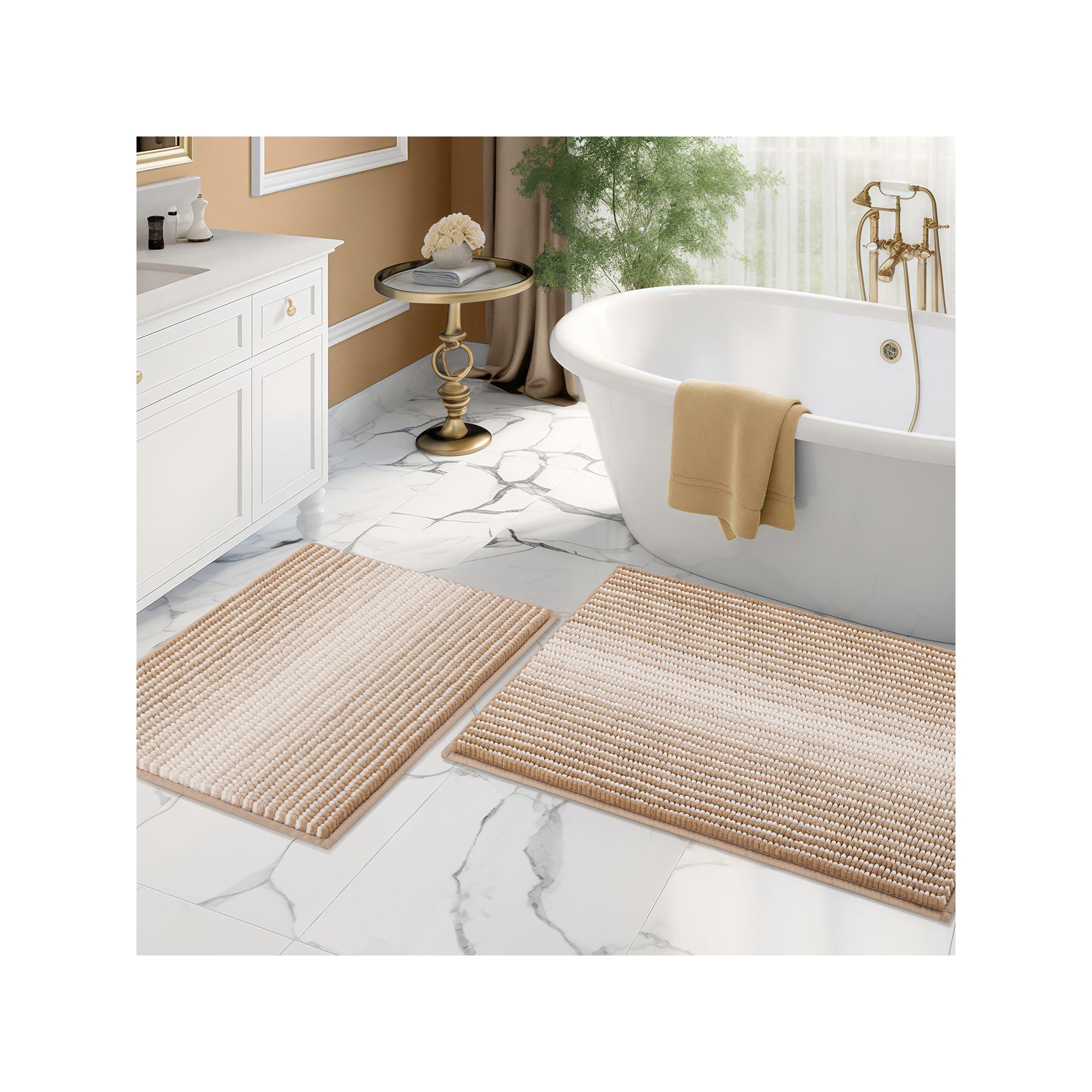 Thick Chenille Bathroom Rugs Sets 2 Piece, 20" x 32" and 16" x 24" Absorbent & Non-Slip Bathroom Rug Set - Beige