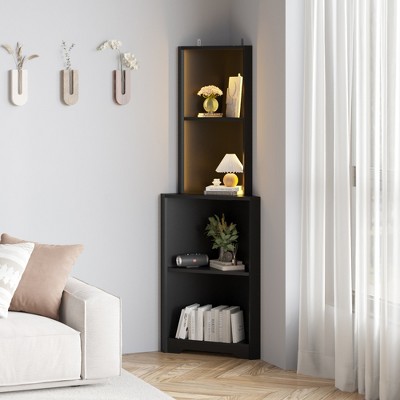 KTMBDW L-shaped Bookshelves and Bookcases with LED Light and Power Strip Standing 4 Shelf Display Storage Shelves for Home Office, Living Room, Black