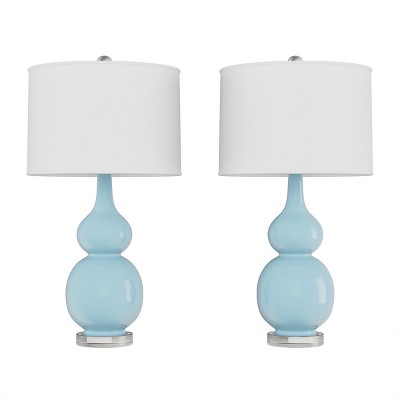 Set of 2 Blue Ceramic Double Gourd Table Lamps with Ivory Shades