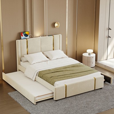 Okak Queen Platform Bed Frame with LED Lights USB Charger & 2 Drawers No Box Spring Needed Upholstered Bed with Gold Decoration & Trundle, Beige