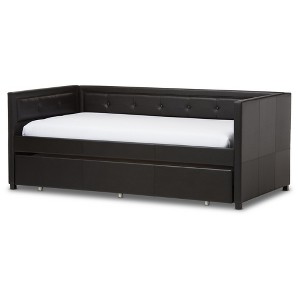 Twin Frank Modern and Contemporary Faux Leather Button Tufting Sofa Daybed with Roll Out Trundle Guest Bed Black - Baxton Studio: - 1 of 4