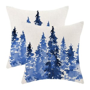 Christmas Pillow Covers 18 X 18 Inch Set of 2, Blue Christmas Trees Decoration Throw Pillow Covers - 1 of 4