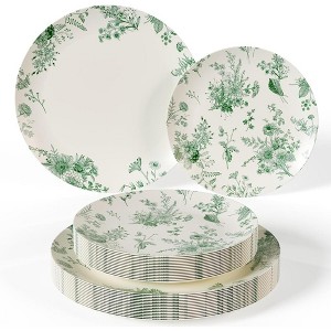 Trendables Plastic Disposable Plate Set 20 x 8" and 20 x 10" Green and Ivory Verdure Disposable Wedding Plate Set - 1 of 4