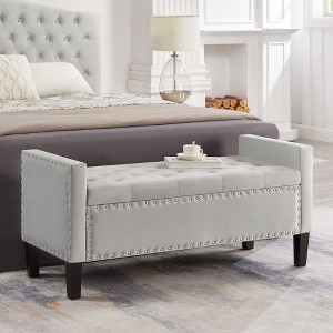 TUYOHW Upholstered Tufted Button Storage Bench with Nails Trim, Entryway Living Room Soft Padded Seat with Armrest, Gray - 1 of 4