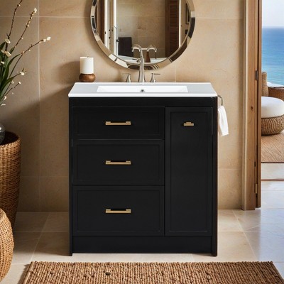 30" Bathroom Vanity Set, Floor Standing, with Three Drawers, One of Which is a Double-Layer Drawer, with Long Gold Handles - Leovsnove