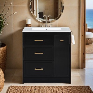 30" Bathroom Vanity Set, Floor Standing, with Three Drawers, One of Which is a Double-Layer Drawer, with Long Gold Handles - Leovsnove - 1 of 4