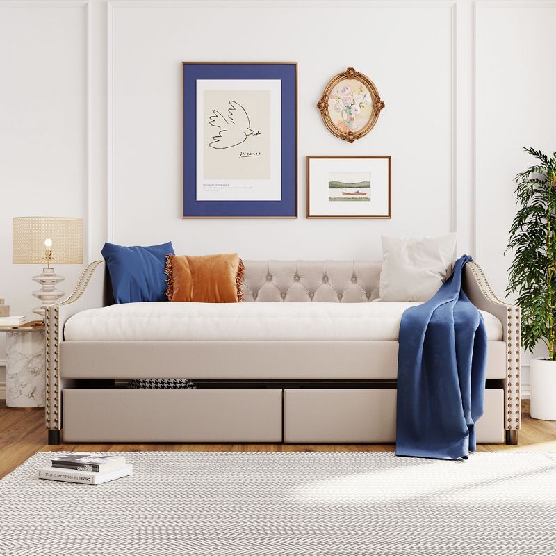 Full Size Upholstered Wood Daybed, Platform Sofa Bed with Two Drawers-ModernLuxe, 2 of 10