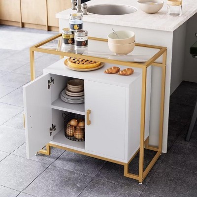 Jojoka White Modern Sideboard Buffet Cabinet with Tempered Glass Top