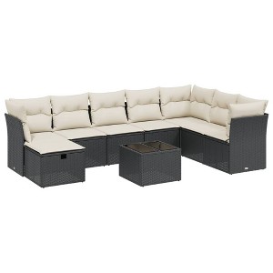 vidaXL 9 Piece Patio Sofa Set with Cushions Black Poly Rattan - Black and Cream without Storage 9 Items - 1 of 4