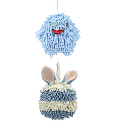 REGALWOVEN 2 Packs Fluffy Chenille Rabbit Shape Cute Soft Absorbent Hanging Ball Hand Towels 7" x 7"