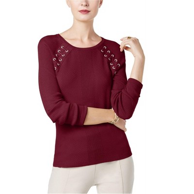 I.N.C International Concepts Womens Laced Shoulder Knit Sweater, Red, Small