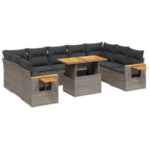 vidaXL 10 Piece Patio Sofa Set with Cushions Gray Poly Rattan - Gray without storage - 1 of 4