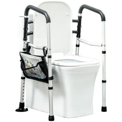 HOMCOM Stand Alone Toilet Safety Rails, Toilet Rails with Adjustable Height Width, 300lb Toilet Safety Frame with 2 Additional Rubber Tips, Storage