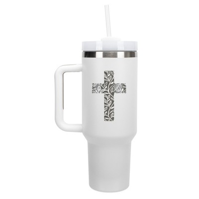 Elanze Designs Floral Vine Cross Walk in Faith Wrap-Around 40 Oz. Stainless Steel Water Bottle Coffee Mug, Spill & Leak Resistant, Travel Tumbler with