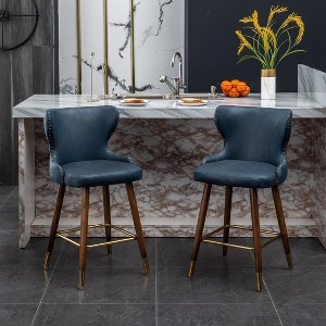 Roundhill Furniture Nevis Mid-century Modern Faux Leather Tufted Nailhead Trim Counter Stool, Blue, Set of 2 - 1 of 4