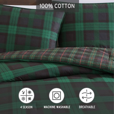 Full/Queen Green Cotton Woodland Tartan Reversible Duvet Cover Set
