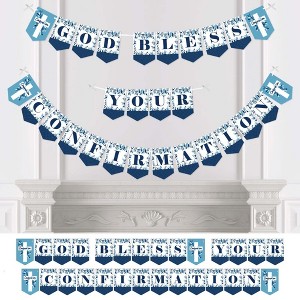 Big Dot of Happiness Confirmation Blue Elegant Cross - Boy Religious Party Bunting Banner - Party Decorations - God Bless Your Confirmation - 1 of 4