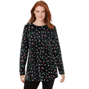 Woman Within Perfect Printed Long-Sleeve Crewneck Tunic - 1 of 4