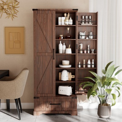 SinCiDo 72" Farmhouse Storage Cabinet, Kitchen Storage Upright Cabinet, w/ 2 Barn Doors & Adjustable Shelves, a Drawers,Multi Functional Large Cabinet